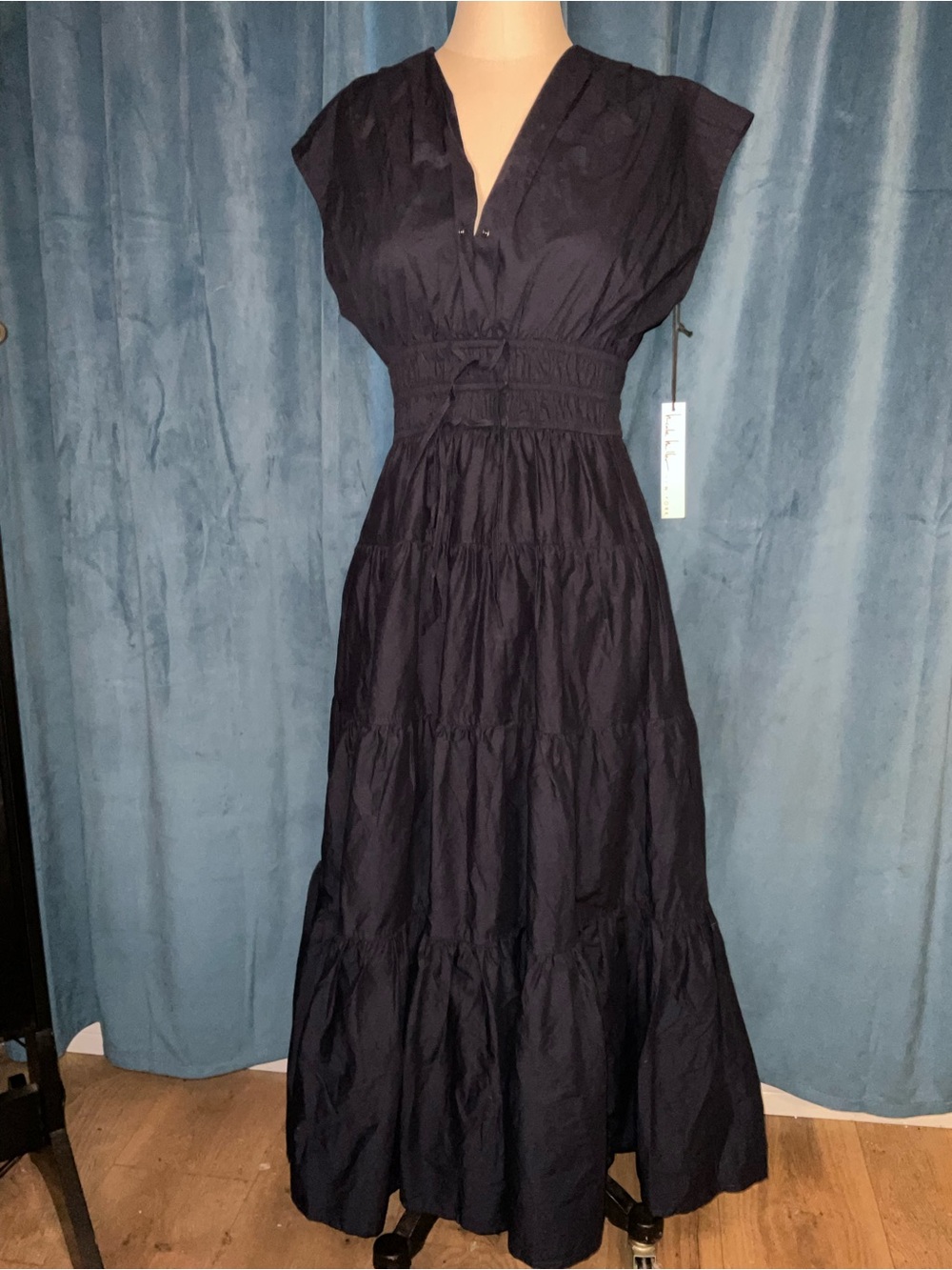 NWT Nicole Miller Navy Tiered Maxi Dress with Smocked Waist